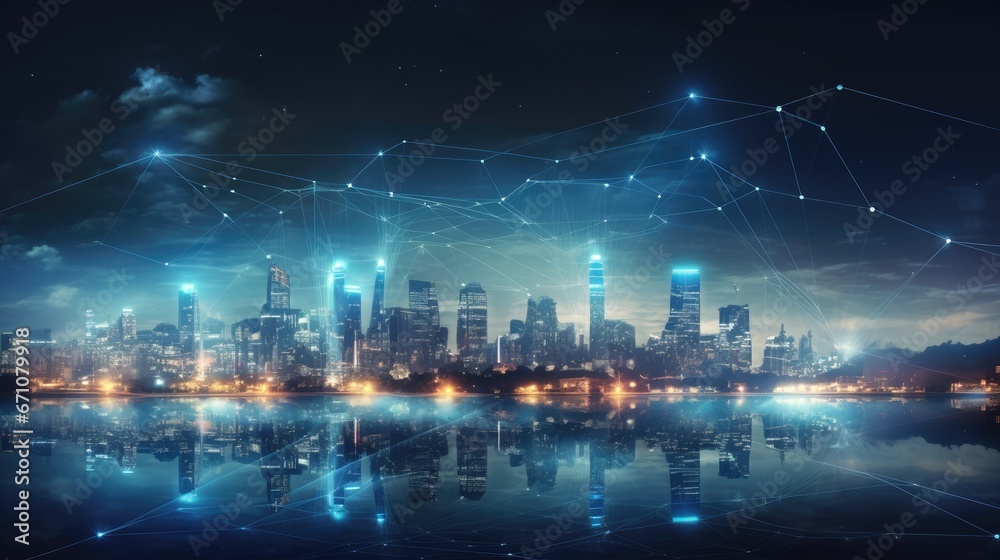 Smart city and big data connection technology concept with digital blue wavy wires with antennas on night megapolis city skyline background, double exposure Smart city and big data connection technology concept with digital blue wavy wires with antennas on night megapolis city skyline background, double exposure