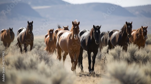 Small band of wild horses approaches with curiosity in the high desert West on public lands in Wyoming, USA Wyoming, United States of America  © 3D Station
