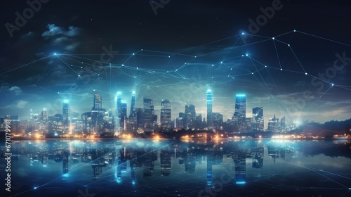 Smart city and big data connection technology concept with digital blue wavy wires with antennas on night megapolis city skyline background  double exposure 