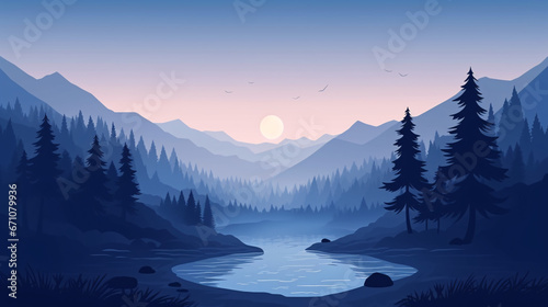 Foggy Twilight Minimalist Vector Art of Scenic Forest and Mountains.