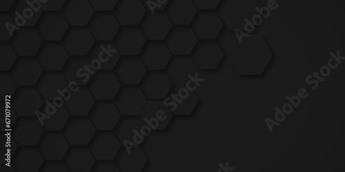 Background of abstract black 3d hexagon background design a dark honeycomb grid pattern. Abstract octagons dark 3d background. Black geometric background for design. photo