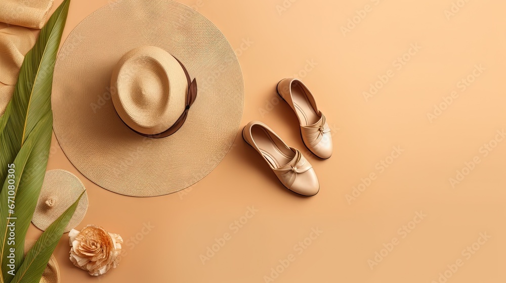  a hat, a pair of shoes and a flower on a tan background.  generative ai