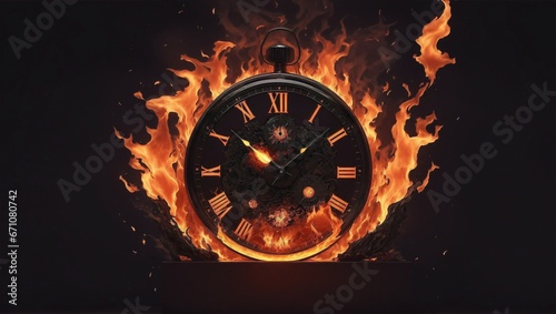Alarm Clock Ablaze, Symbolizing the Flow of Time. Isolated Clock in Flames Representing Time Running Out.