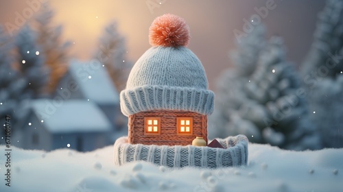 Proper insulation during the cold winter heating season. Cozy house with knitted cap placed on the roof. Energy efficiency and warmth. Save electricity with effective home insulation. photo