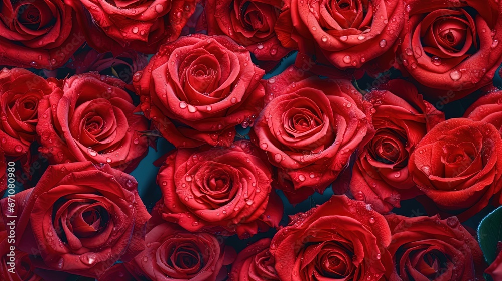 a bunch of red roses with water droplets on them,. generative ai a bunch of red roses with water droplets on them,. generative ai