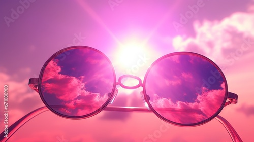  a pair of sunglasses with the sun shining through them and clouds reflected in them.  generative ai © Nadia