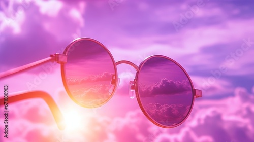  a pair of sunglasses with the sun shining through the clouds.  generative ai © Nadia