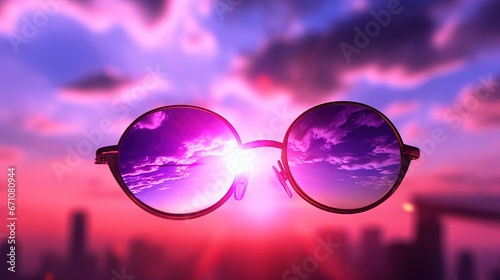  a pair of sunglasses with a reflection of the sky and clouds. generative ai