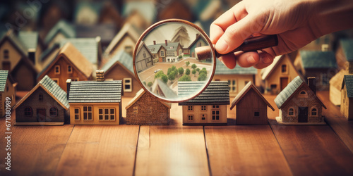 Housing market scrutiny, illustration - Magnifying glass being held over toy wooden in houses  photo