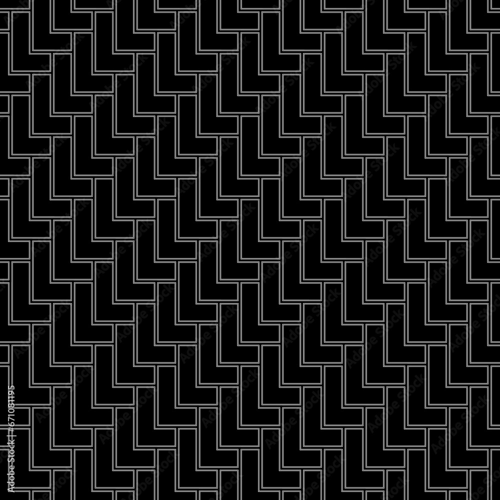 L shape blocks wallpaper. Repeated black mosaic figures on white background. Seamless surface pattern design with polygons. Pavement motif. Digital paper with pavers for page fills, web designing.
