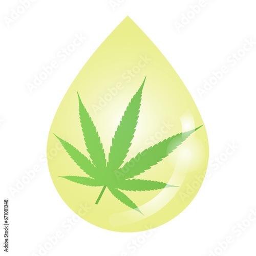Medical cannabis oil extract vector isolated on white background. Drop of Cannabinoid, Cannabidiol, CBD, Tetrahydrocannabinol, THC with hemp, ganja, marijuana, hash and marihuana leaf.