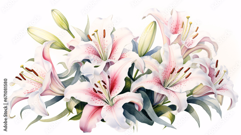 Fototapeta premium White and Pink Lilies and Pink Blossoms: Realistic Watercolor with Ink and Pencil Accents.