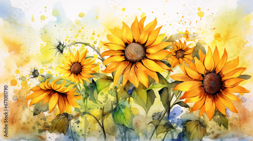 Sunflowers in Realistic Watercolor with Ink and Pencil Accents.
