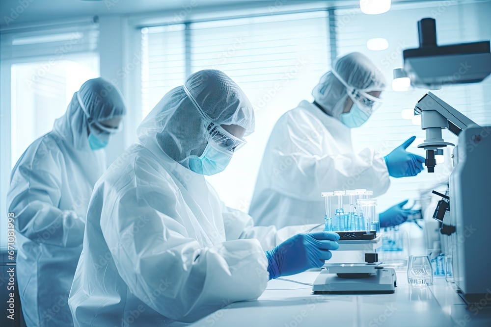 Scientists in a high-security laboratory conducting research on virus protection, safety measures, and medical breakthroughs. Scientists in a high-security laboratory conducting research on virus protection, safety measures, and medical breakthroughs.