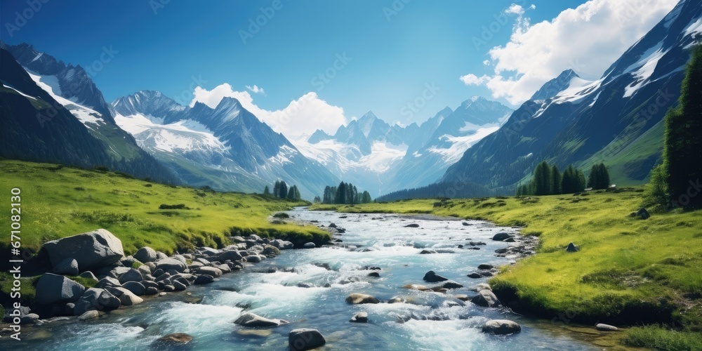Idyllic Alpine Countryside: Majestic Mountains, Serene Rivers, and Lush Valleys