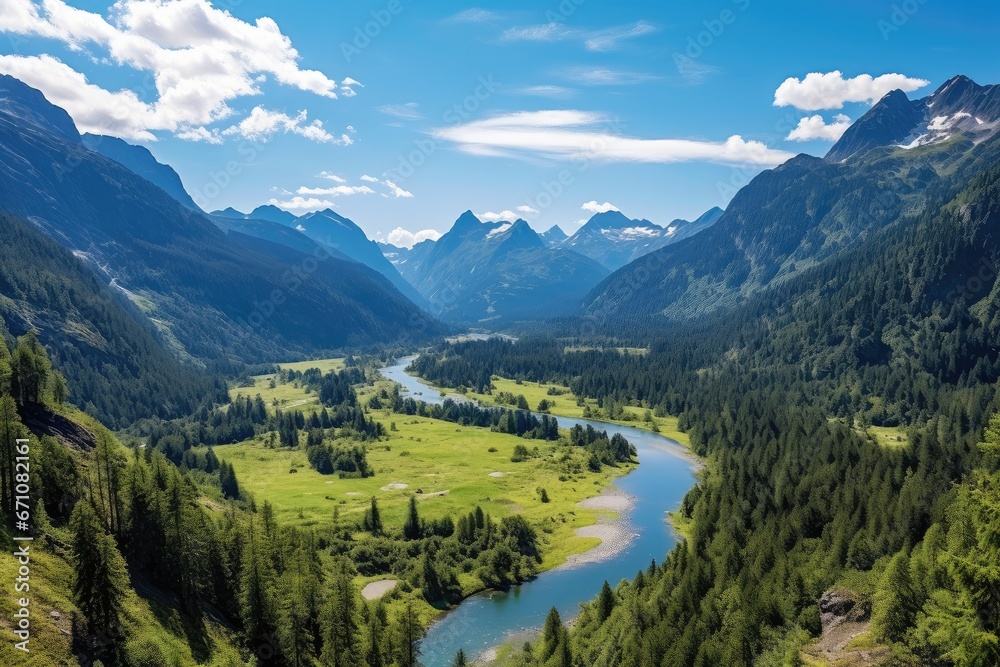 Serene Summer Landscape: Majestic Mountains, Lush Forests, and a Peaceful River