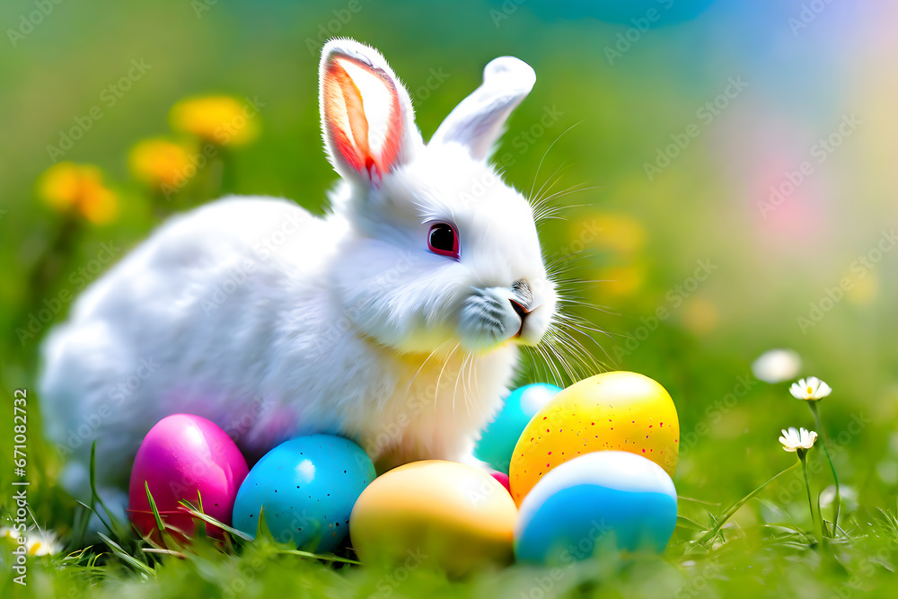 A white bunny with multicolor Easter eggs, blurred meadow flowers in an affectionate moment, blurred green grass and blue sky A white bunny with multicolor Easter eggs, blurred meadow flowers in an affectionate moment, blurred green grass and blue sky