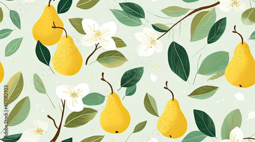 seamless pattern with cute pears with leaves,a simple design for baby room decor and nursery decoration.cartoon fruits illustrations for nursery decor.	
 photo