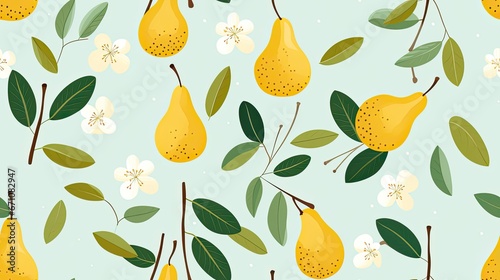 seamless pattern with cute pears with leaves,a simple design for baby room decor and nursery decoration.cartoon fruits illustrations for nursery decor. 