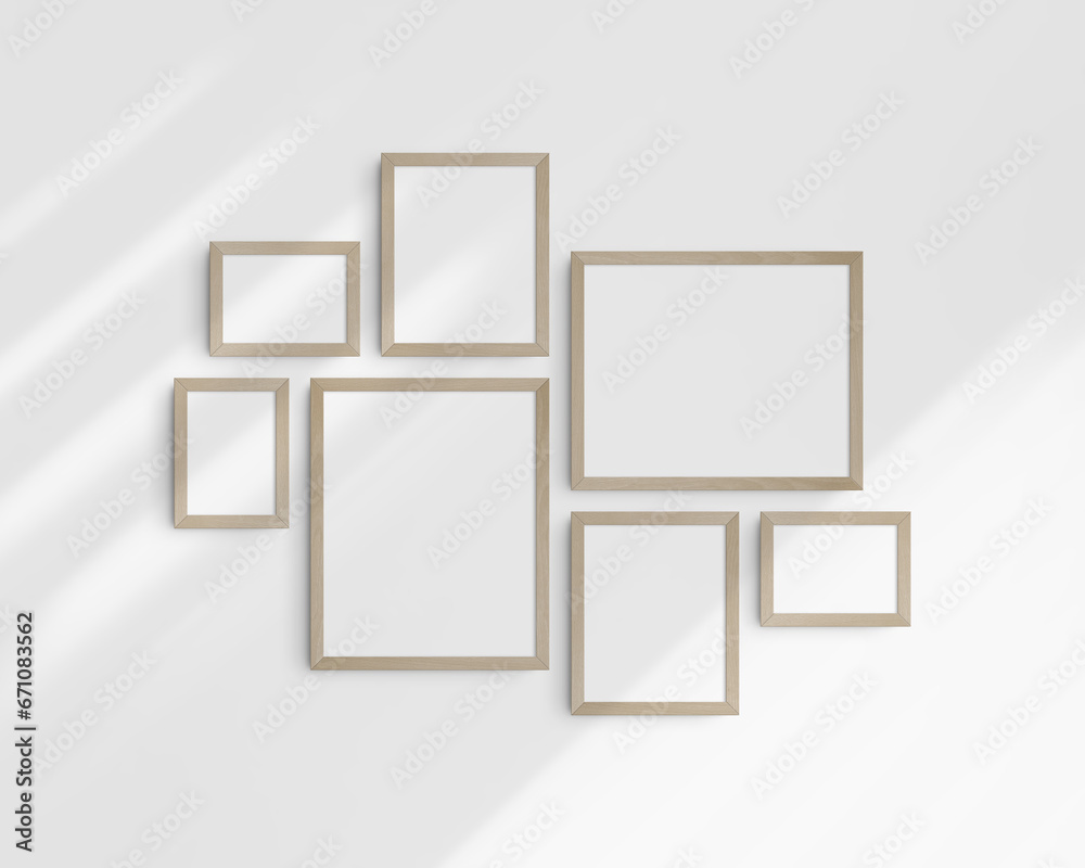 Gallery wall mockup set, 7 birch wooden frames. Modern frame mockup. Horizontal, vertical frames, 5x7 (5:7), 7x5 (7:5), 8x10 (4:5), 12x15 (4:5), 15x12 (5:4) inches. White wall with shadows.