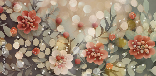 illustrazione floreale a tema autunnale, fiori e bacche con elementi decorativi e aloni di luce photo