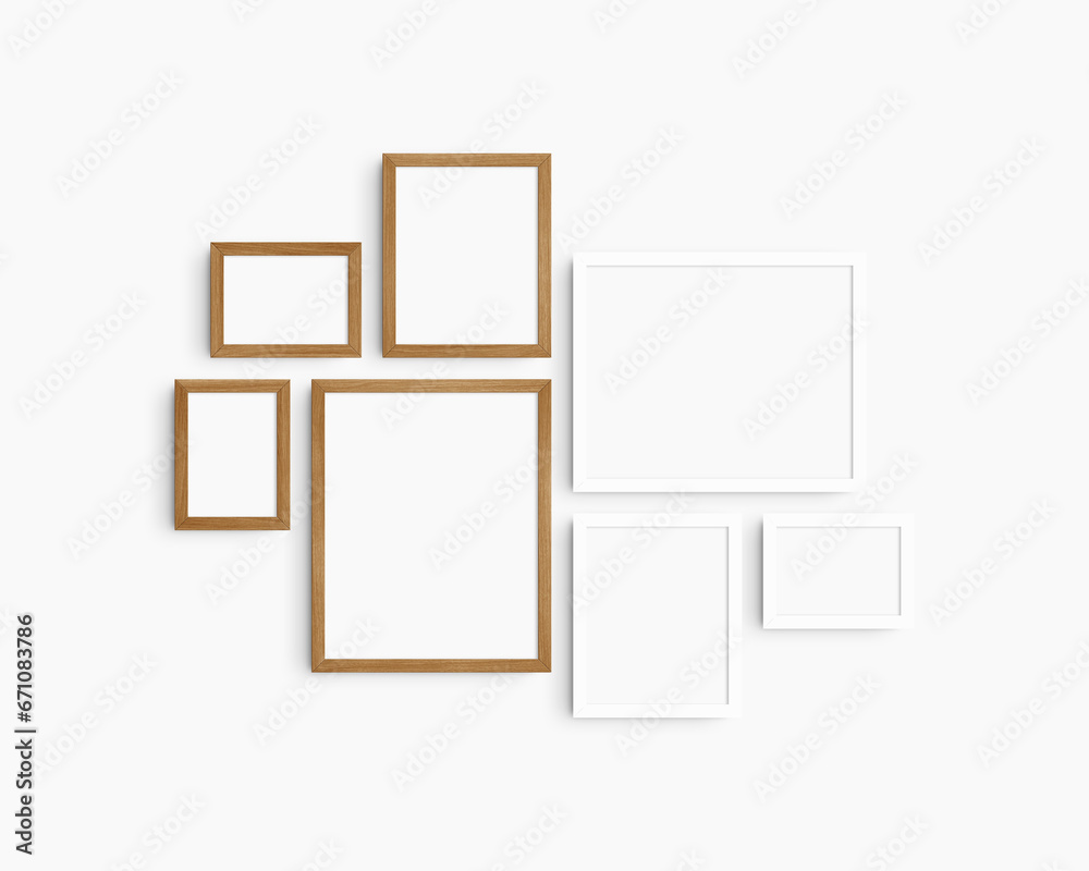 Gallery wall mockup set, 7 white and cherry wood frames. Modern frame mockup. Horizontal, vertical frames, 5x7 (5:7), 7x5 (7:5), 8x10 (4:5), 12x15 (4:5), 15x12 (5:4) inches. White wall. Gallery wall mockup set, 7 white and cherry wood frames. Modern frame mockup. Horizontal, vertical frames, 5x7 (5:7), 7x5 (7:5), 8x10 (4:5), 12x15 (4:5), 15x12 (5:4) inches. White wall.