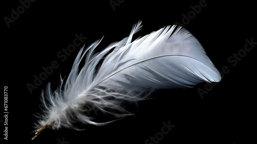  a white feather floating in the air on a black background. generative ai