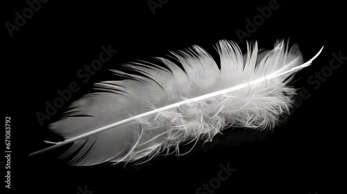  a white feather is laying on a black surface with a black background. generative ai