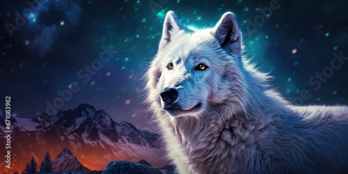 White wolf at night  illuminated by the Northern Lights 