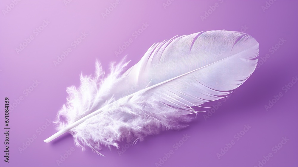 a white feather is laying on a purple background with a soft shadow. generative ai a white feather is laying on a purple background with a soft shadow. generative ai