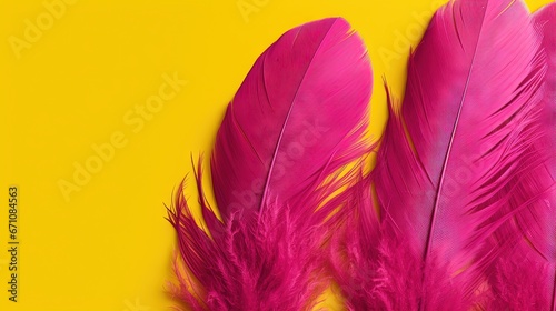  a pair of pink feathers on a yellow and yellow background.  generative ai