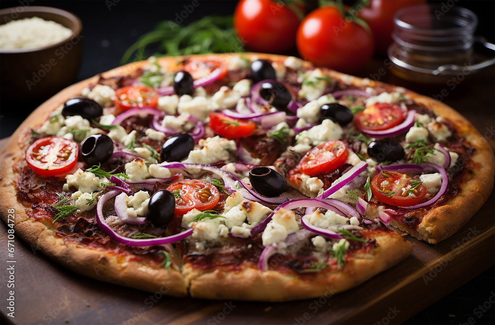 Mediterranean Pizza with toppings like feta cheese, Kalamata olives, red onions, tomatoes, and tzatziki sauce