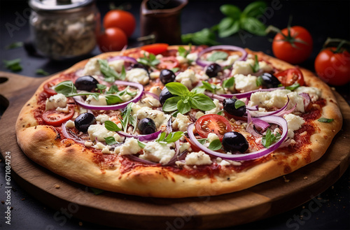 Mediterranean Pizza with toppings like feta cheese, Kalamata olives, red onions, tomatoes, and tzatziki sauce