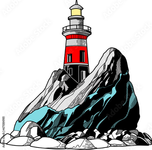 lighthouse on a rock surrounded by the sea, color illustration in graphic style