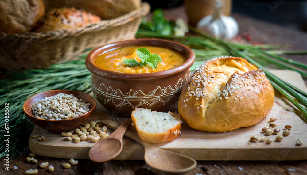 Italian bread with soup. beautiful and charming table.
