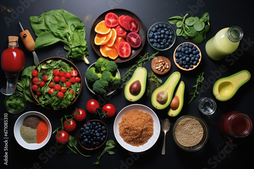 Fruits and vegetables in bowls on a table, Black Background. 