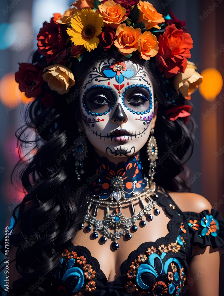 Portrait of a woman with sugar skull makeup over black background. Halloween costume and make-up. Portrait of Calavera Catrina