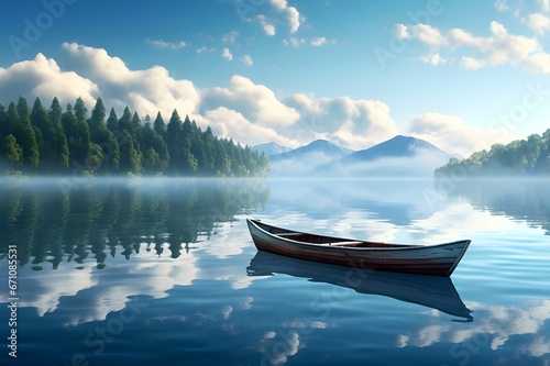 A tranquil rowboat on a glassy, reflective lake, an escape to serenity.
