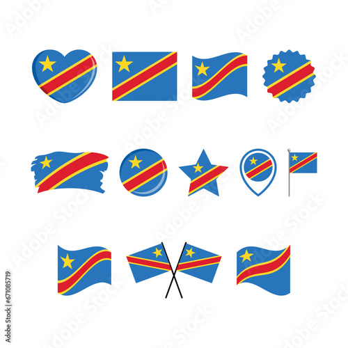 Congo flag icon set vector isolated on a white background. Congolese Flag graphic design element. Flag of the Democratic Republic of the Congo symbols collection. Set of Congo flag icons in flat style