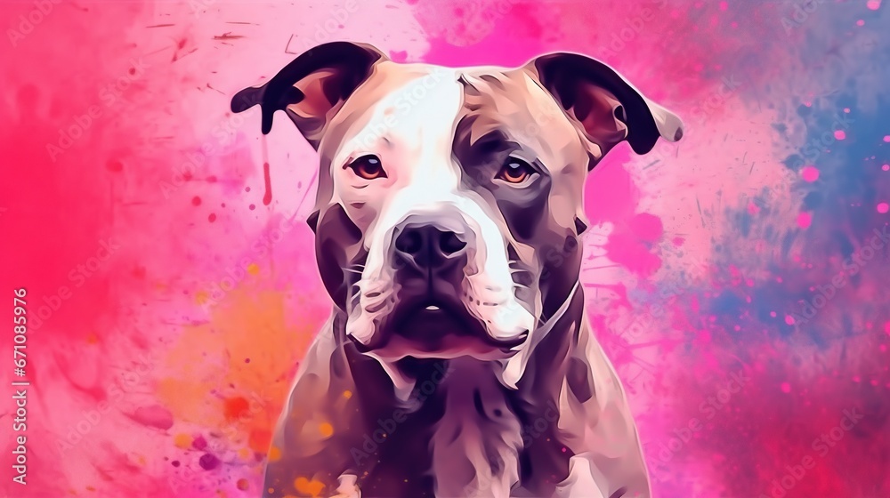  a painting of a pit bull dog on a pink and blue background.  generative ai