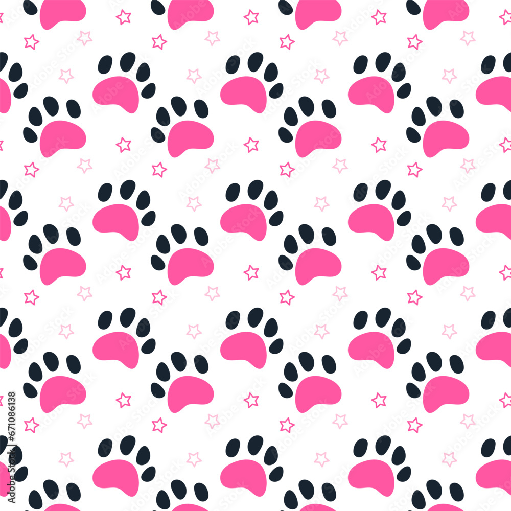 Pattern of cat paws with little stars. Cartoon pink pattern of cat tracks. Pattern of cat paws with little stars. Cartoon pink pattern of cat tracks.