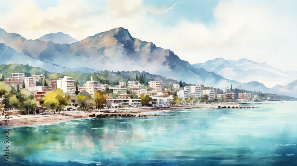  a painting of a city by the water with mountains in the background.  generative ai