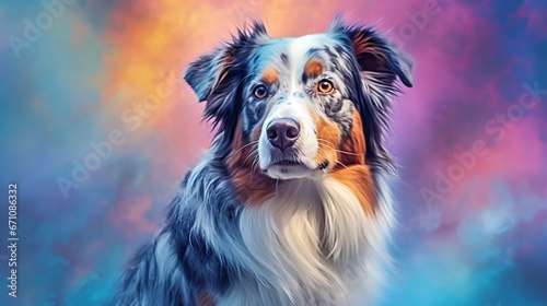  a painting of a dog with a blue and orange background. generative ai