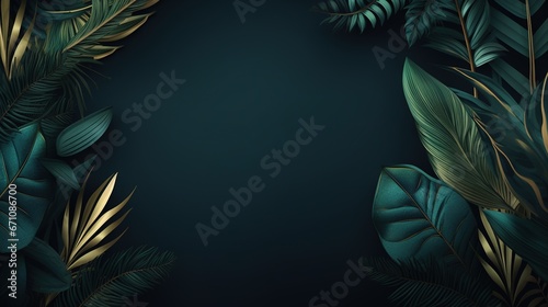  a dark green and gold background with tropical leaves and plants.  generative ai photo