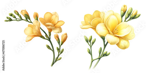 Yellow Freesia flower in watercolor, transparent background   photo