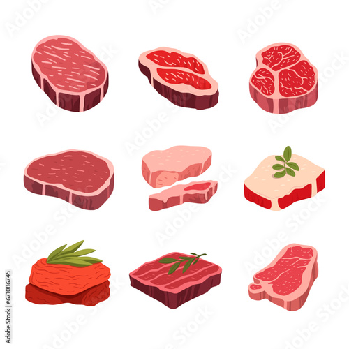 Collection set of fresh meat products pork meat bacon steak for grill or barbecue. Cartoon vector illustration.