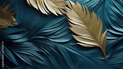  a close up of a blue and gold wallpaper with leaves. generative ai