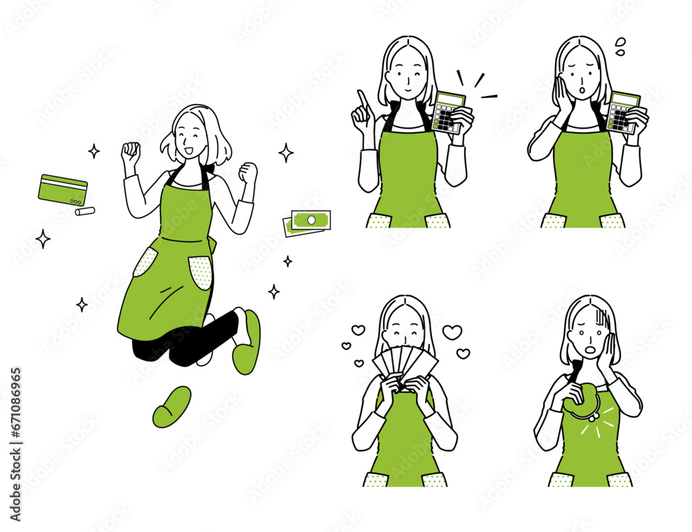 Set of Illustrations of a Homemaker Managing Finances. - obrazy, fototapety, plakaty 