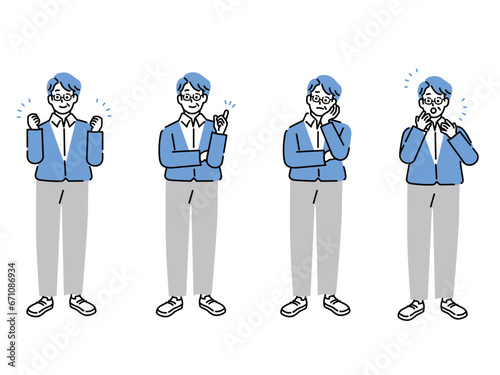 全身のイラスト(人、男性、50代、サラリーマン、やる気、考える、理解する、驚く、悩む、老後)