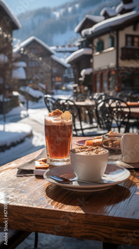Winter breakfasts of coffee and sweets, in a mountain village in the morning sunlight.